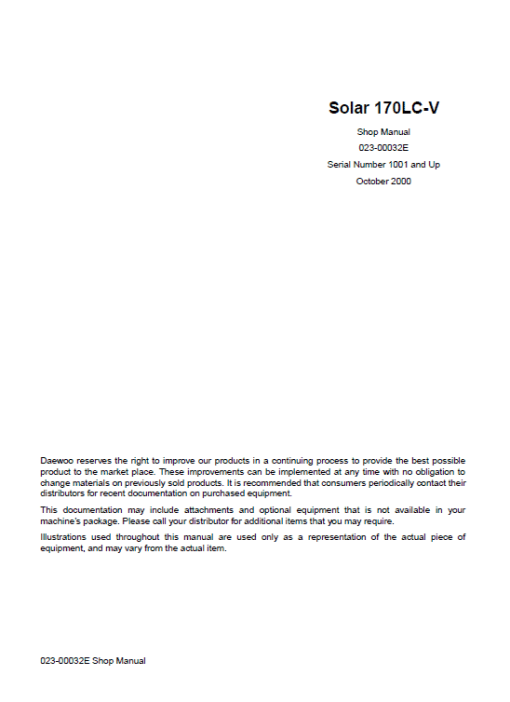 Daewoo Solar S170LC-V Excavator Service Manual