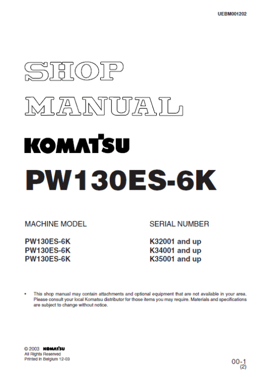 Komatsu PW130ES-6K Excavator Service Manual