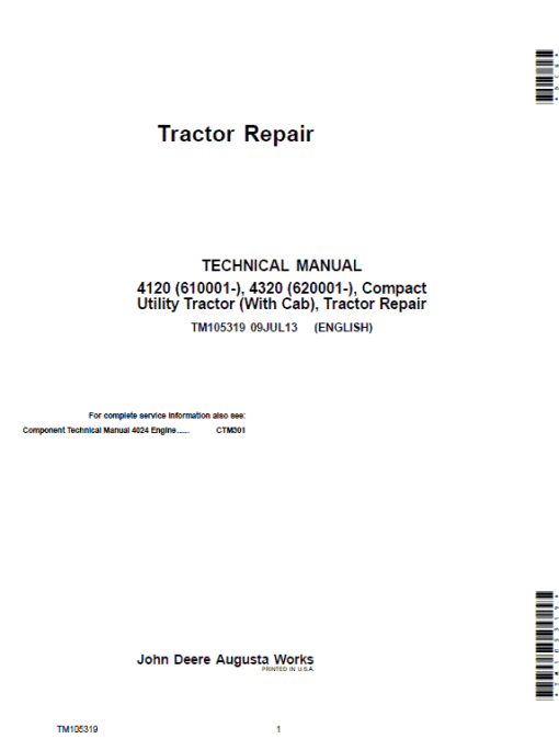 John Deere 4120, 4320 Compact Utility Tractors Technical Manual (With Cab - S.N 610001-)