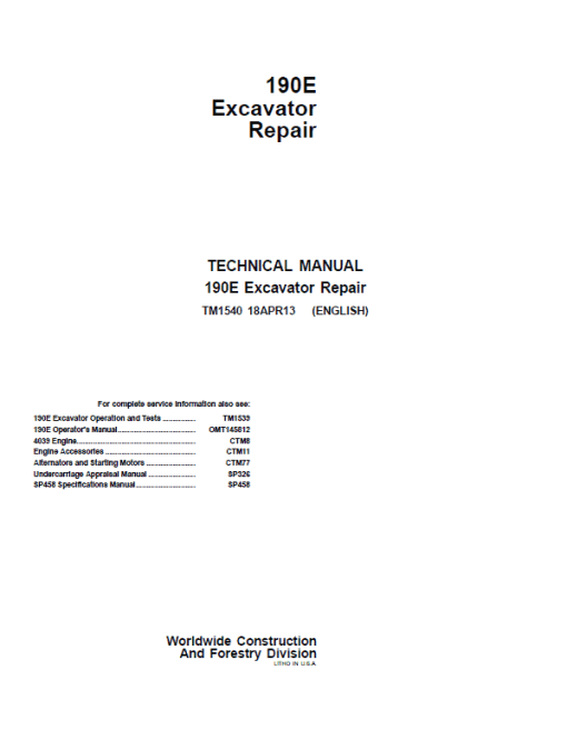 John Deere 190E Excavator Repair Technical Manual