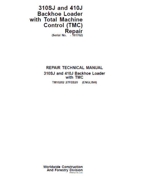 John Deere 310SJ, 410J Backhoe Loader (TMC) Technical Manual (S.N before 161702 )