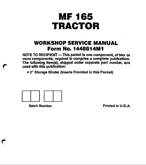 Massey Ferguson MF165 Tractor Service Manual