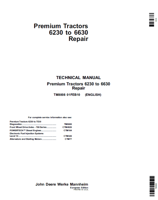 John Deere 6230, 6330, 6430, 6530, 6630 Premium Tractors Service Repair Manual