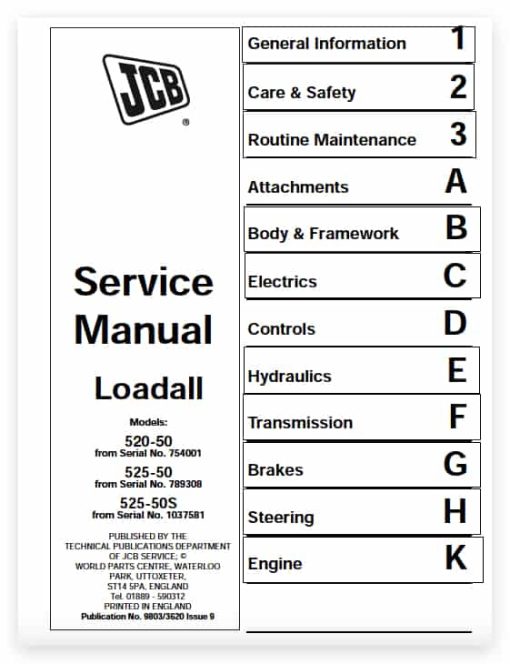 JCB 520-50, 525-50 Year 1996 - 2012 Loadall Service Manual