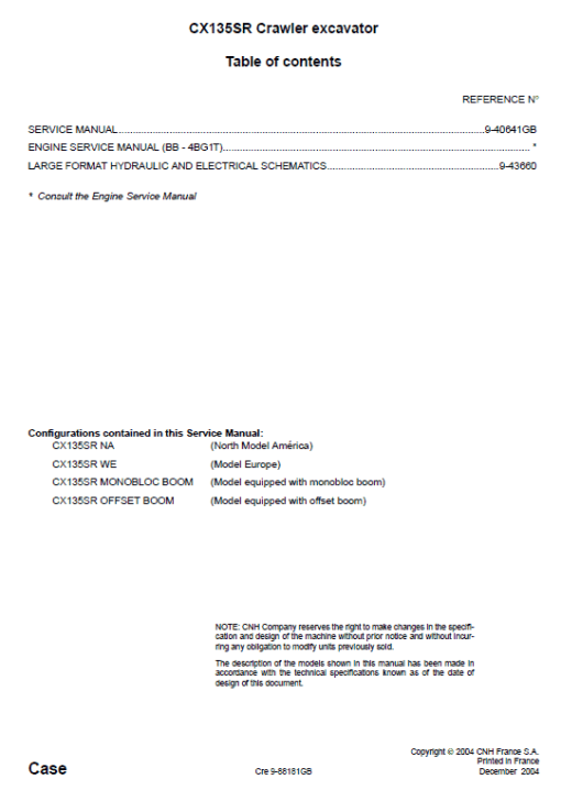 Case CX135SR Excavator Service Manual