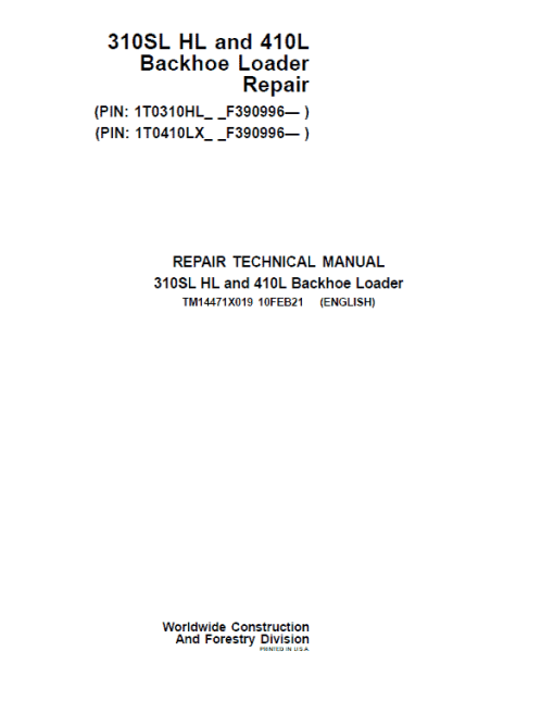 John Deere 310SL HL, 410L Backhoe Loader Repair Technical Manual (S.N after F390996 - )