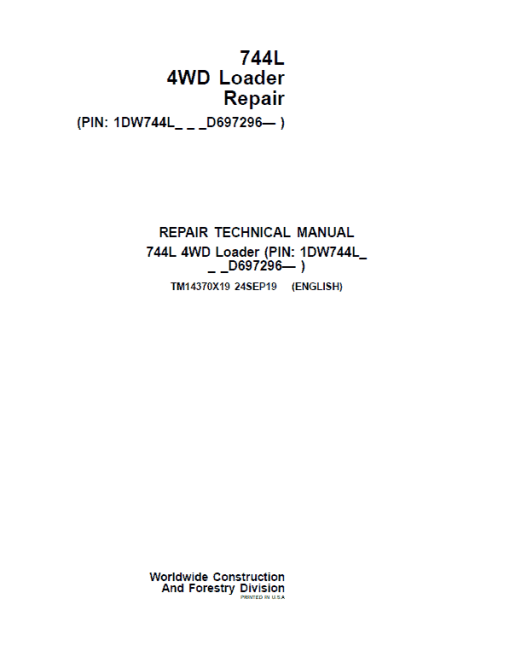 John Deere 744L 4WD Loader Repair Technical Manual (S.N D697293 - )