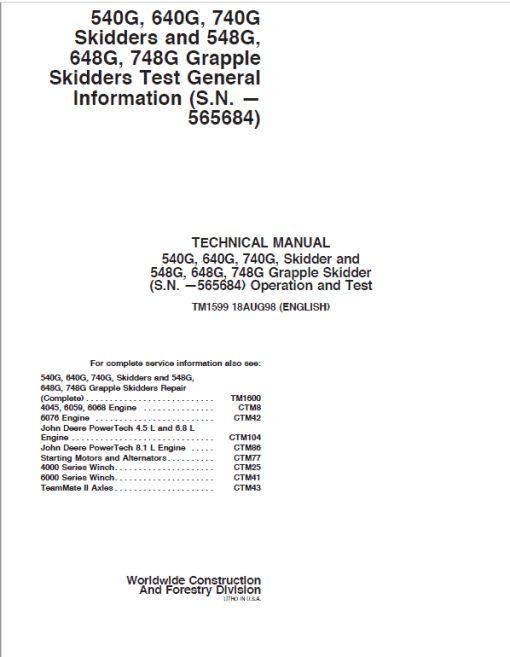 John Deere 548G, 648G, 748G Grapple Skiders Repair Manual (S.N before 565684)