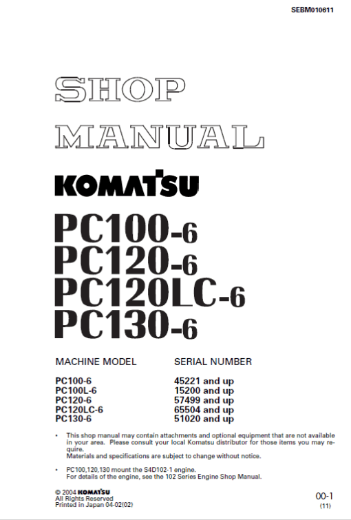 Komatsu PC100-6, PC120-6, PC120LC-6, PC130-6 Excavator Manual