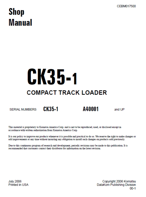 Komatsu CK35-1 Skid-Steer Loader Service Manual