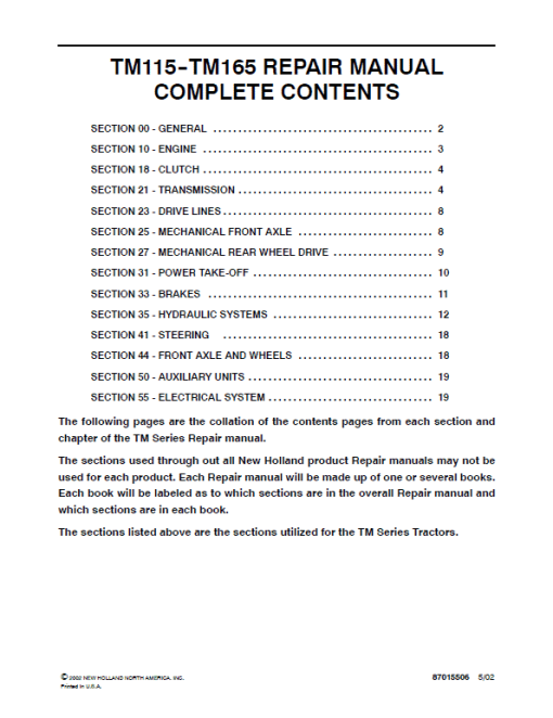 New Holland TM115, TM125, TM135, TM150, TM165 Tractor Service Manual