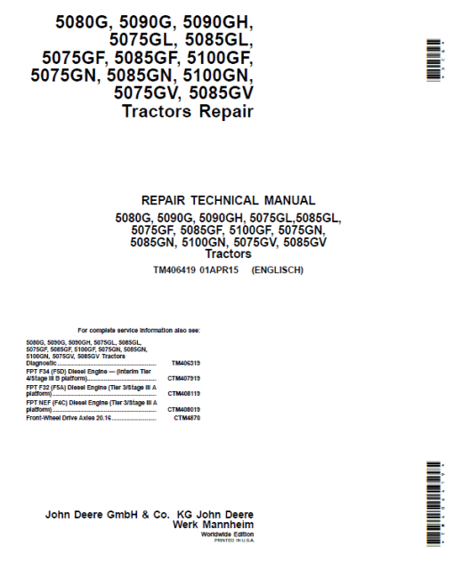 John Deere 5090G, 5090GH, 5100GF, 5100GN Tractors Repair Technical Manual (Tier 3/Stage III A)