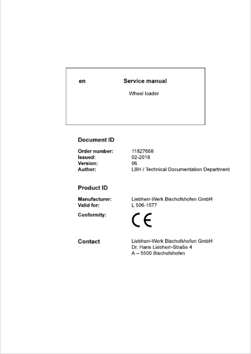 Liebherr L506 Type 1577 Wheel Loader Service Manual