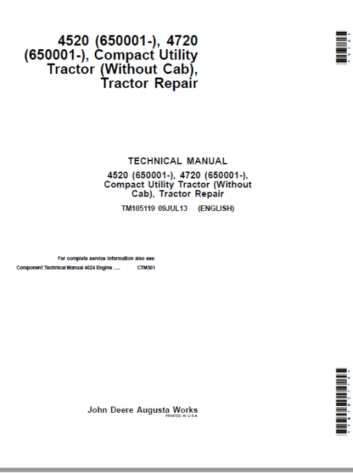 John Deere 4520, 4720 Compact Utility Tractors Technical Manual (Without Cab - S.N 650001-)