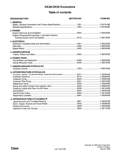 Case CK36, CK50 Excavator Service Manual