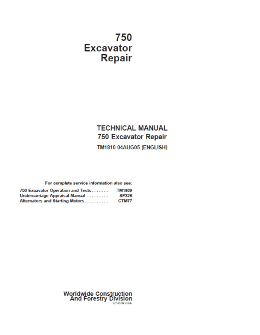 John Deere 750 Excavator Repair Technical Manual