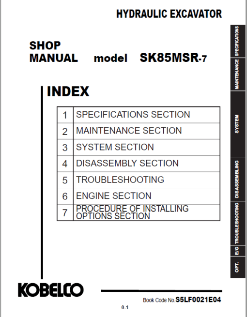 Kobelco SK85MSR-7 Hydraulic Excavator Repair Service Manual