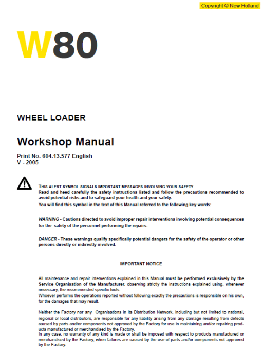 New Holland W50 Wheeled Loader Service Manual