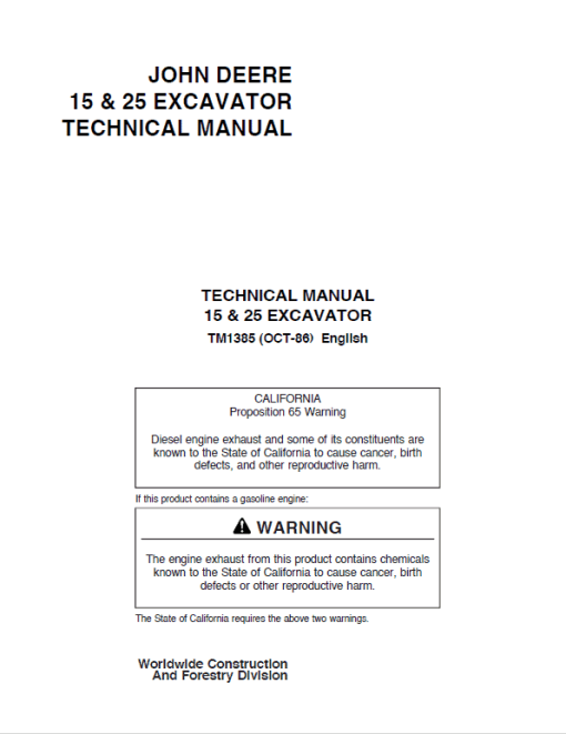 John Deere 15 and 25 Excavator Repair Technical Manual