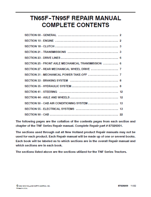 New Holland TN80F, TN90F, TN95F Tractor Service Manual