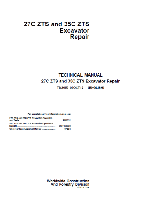 John Deere 27C ZTS, 35C ZTS Excavator Repair Technical Manual