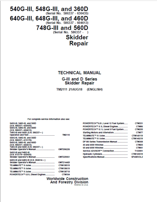 John Deere 748G-III, 560D Skidder Repair Technical Manual (S.N. after 586337 - )