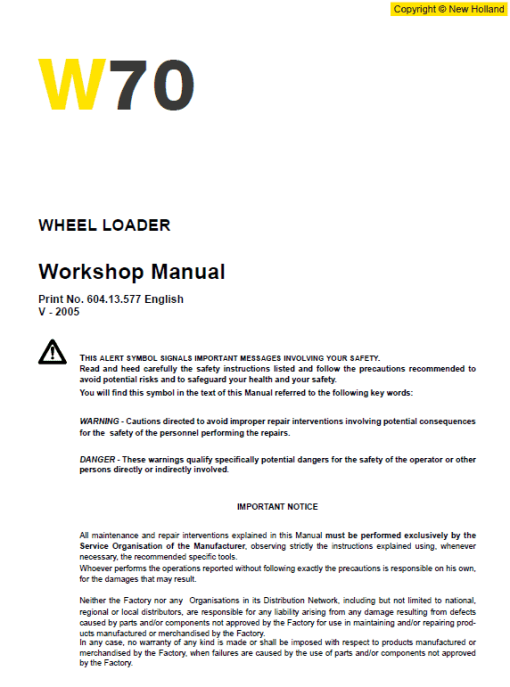 New Holland W70 Wheeled Loader Service Manual