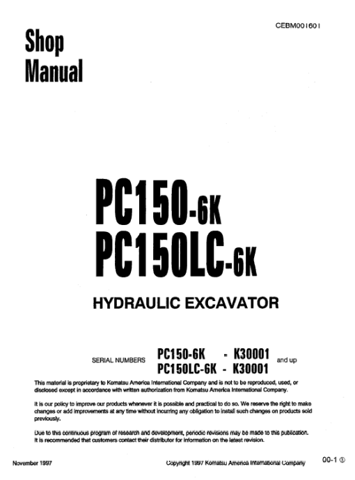 Komatsu PC150-6K, PC150LC-6K Excavator Service Manual