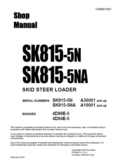 Komatsu SK815-5N, SK815-5NA Skid-Steer Loader Service Manual