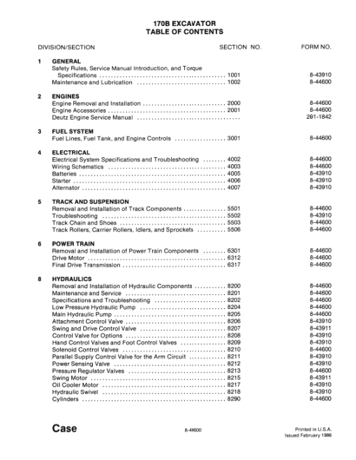 Case 170B Excavator Service Manual