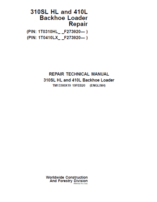 John Deere 310SL HL, 410L Backhoe Loader Technical Manual (S.N F273920 -F390995)