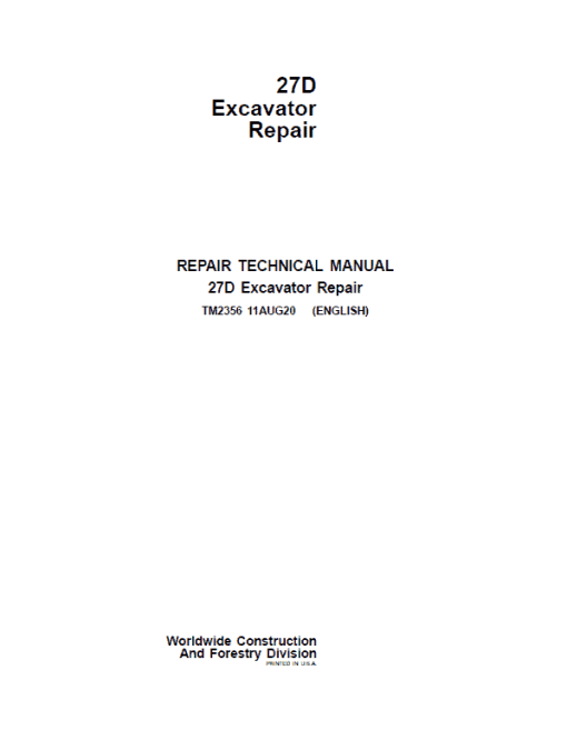 John Deere 27D Excavator Repair Technical Manual