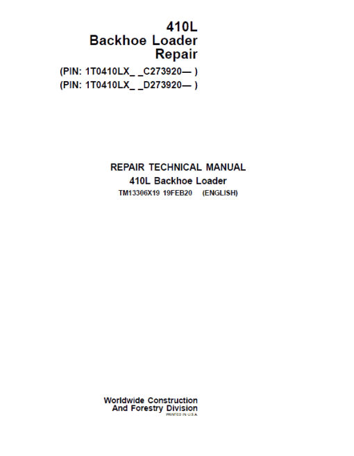 John Deere 410L Backhoe Repair Technical Manual (S.N after C273920 & D273920 - 390995)