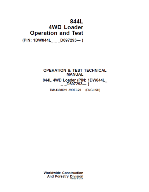 John Deere 844L 4WD Loader Repair Technical Manual (S.N D697293 - )