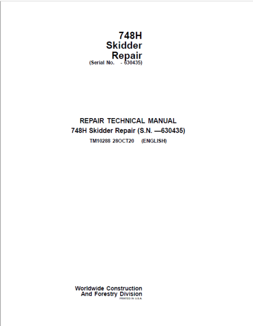 John Deere 748H Skidder Repair Technical Manual (S.N before 630435)