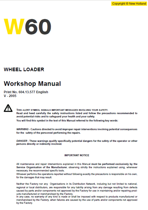 New Holland W60 Wheeled Loader Service Manual