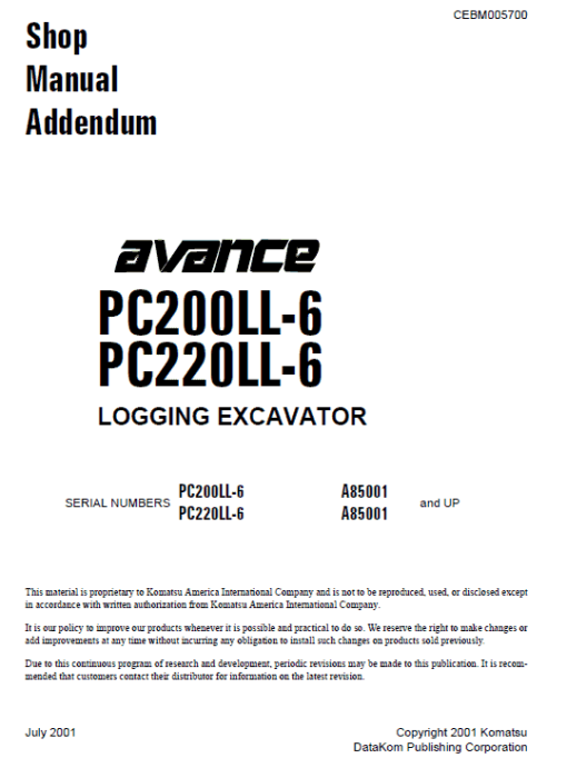 Komatsu PC200LL-6 PC220LL-6 Excavator Service Manual