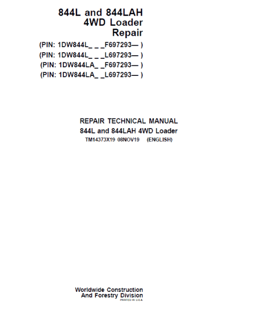 John Deere 844L, 844LAH 4WD Loader Repair Technical Manual (S.N F697293 & L697293 - )