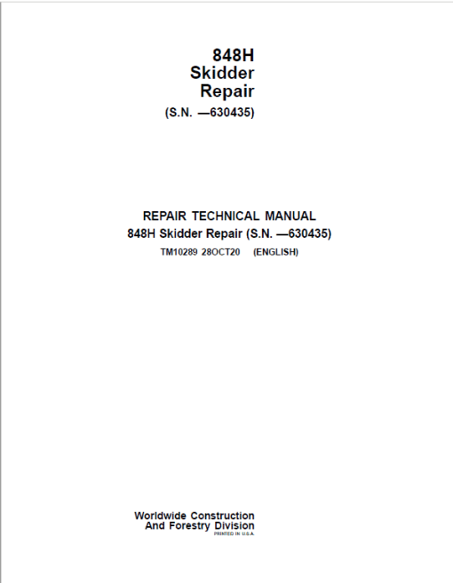 John Deere 848H Skidder Repair Technical Manual (S.N before 630435)