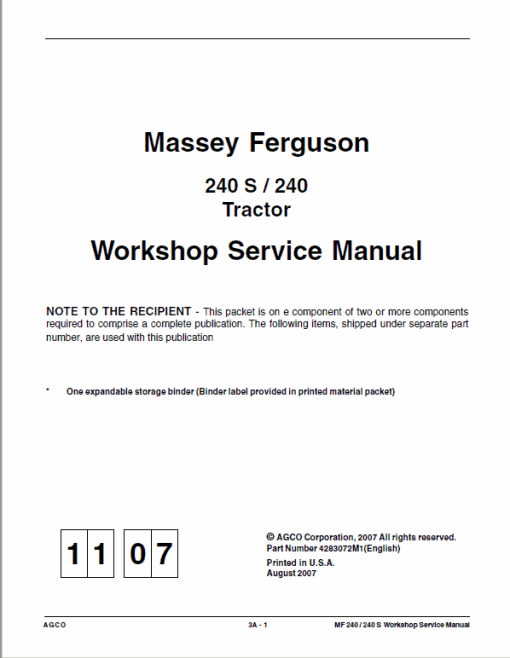 Massey Ferguson MF 240, 240S Tractor Service Manual