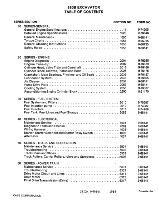 Case 880B Excavator Service Manual