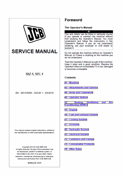 JCB 55Z-1, 57C-1 Mini Digger Excavator Service Manual