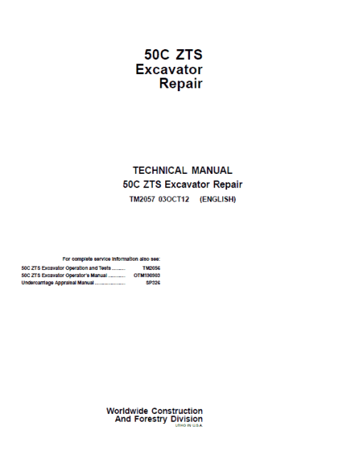 John Deere 50C ZTS Excavator Repair Technical Manual