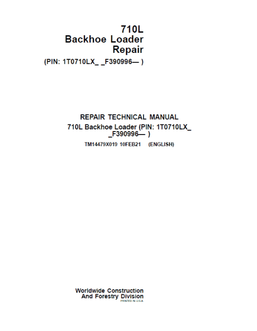 John Deere 710L Backhoe Loader Repair Technical Manual (S.N after F390996 -)