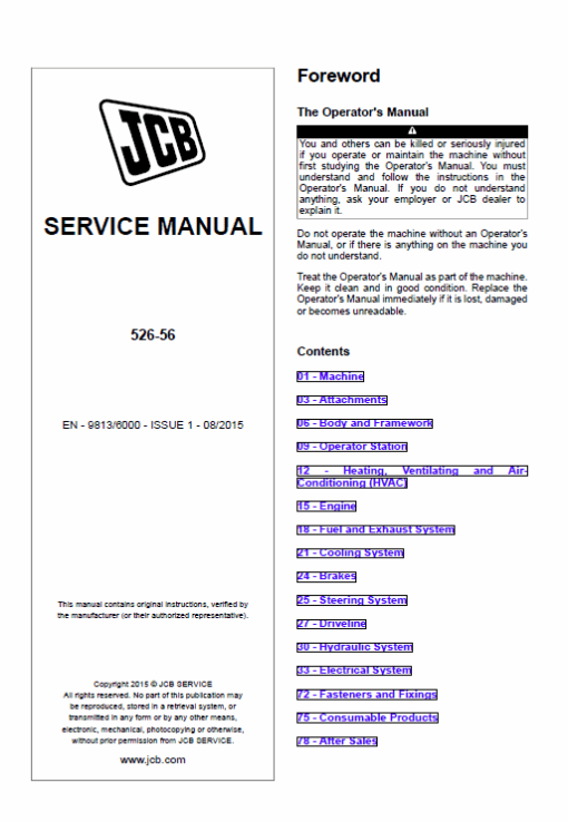 JCB 526-56 Loadall Telescopic Handlers Service Manual