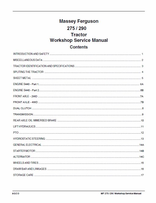 Massey Ferguson MF 275 Xtra, MF 290 Xtra Tractor Service Manual