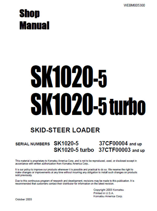 Komatsu SK1020-5 Skid-Steer Loader Service Manual