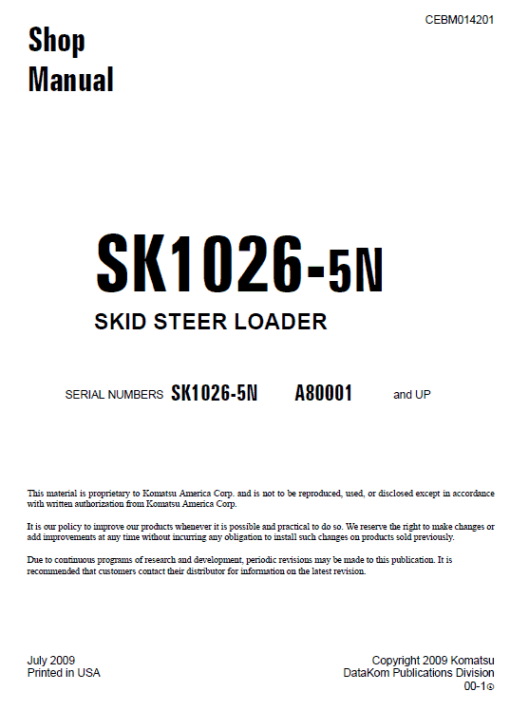 Komatsu SK1026-5, SK1026-5N Skid-Steer Loader Service Manual