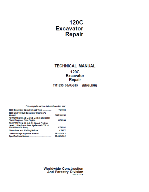 John Deere 120C Excavator Repair Technical Manual