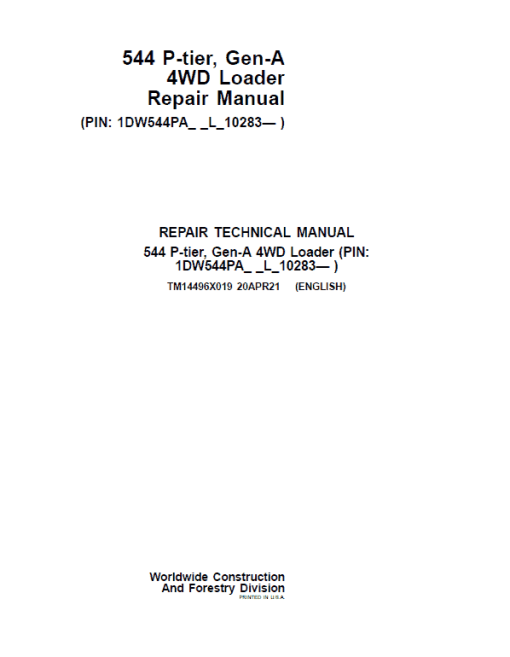 John Deere 544 P-Tier, Gen-A 4WD Loader Repair Technical Manual (S.N L_10283 - )